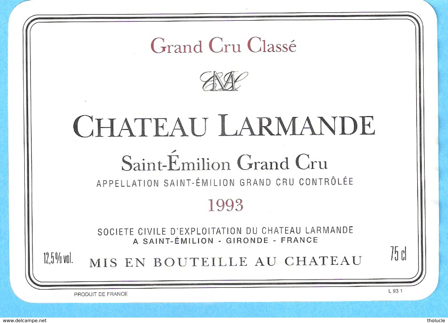 Etiquette-Vin De Bordeaux-Château Larmande-Saint-Emilion Grand Cru-1993 - Bordeaux