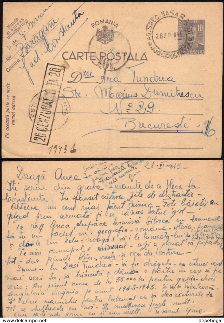 Romania - 10 Lei PSC, P 108.(Cenzurat C-TA 26) Baraganu 'AG. SPEC. BASARABIA', Constanta 28.6.1944 - Bucuresti. - Entiers Postaux