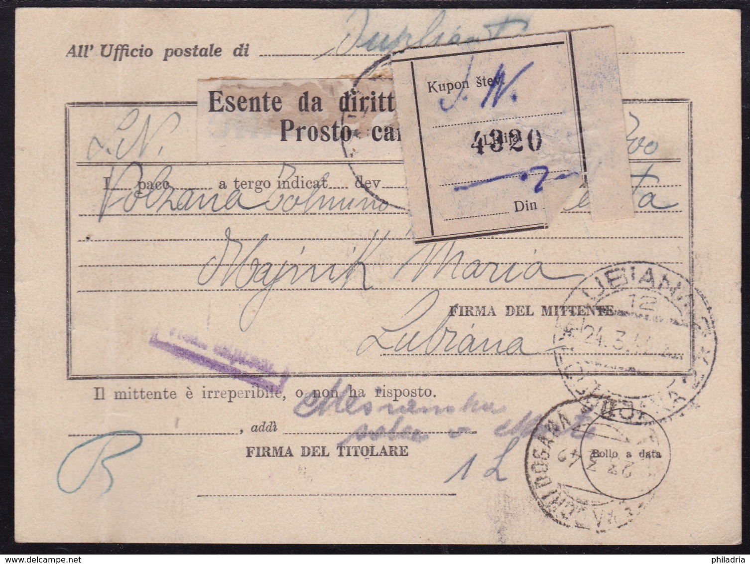 Lubiana (Ljubljana), Parcel Advice, 1942, Verticaly Creased, Rare Form - Ljubljana