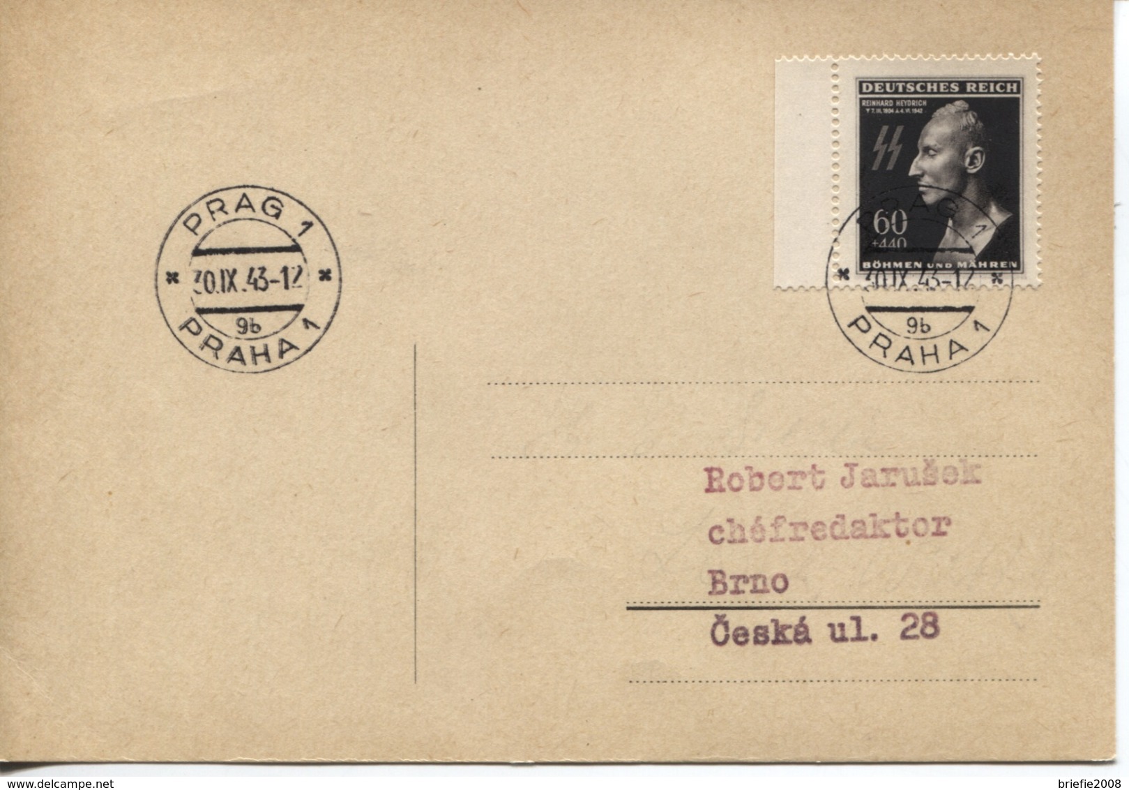 Böhmen & Mähren # 131 Einzelfrankatur Postkarte Prag 30.9.43, Reinhard Heydrich - Briefe U. Dokumente