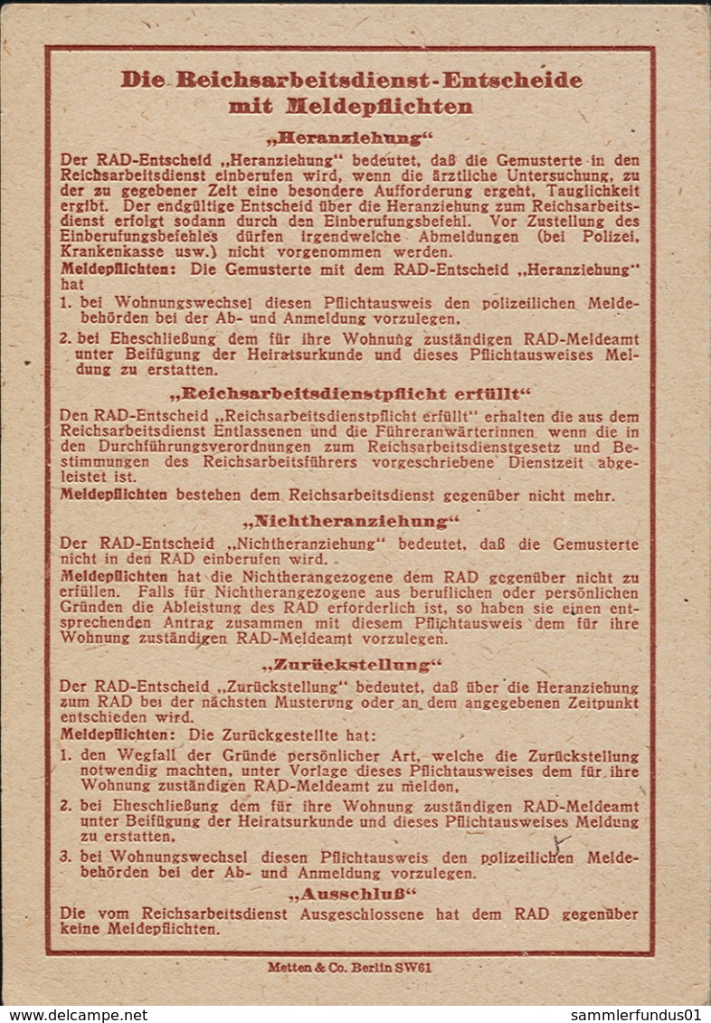 RAD  Reichsarbeitsdienst HJ BDM  Mädel  Ausweis Danzig  Gdansk Nazi  1943   Nr. 00912 - 1939-45