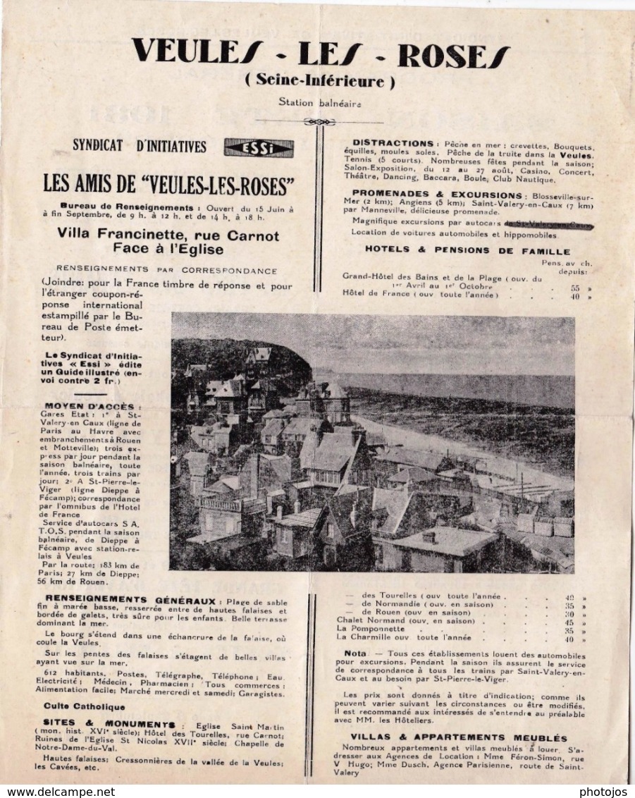 Veules Les Roses  (76 ) Feuillet Programme De L'été 1931 Par Le Syndicat D'Initiatives - Dépliants Touristiques