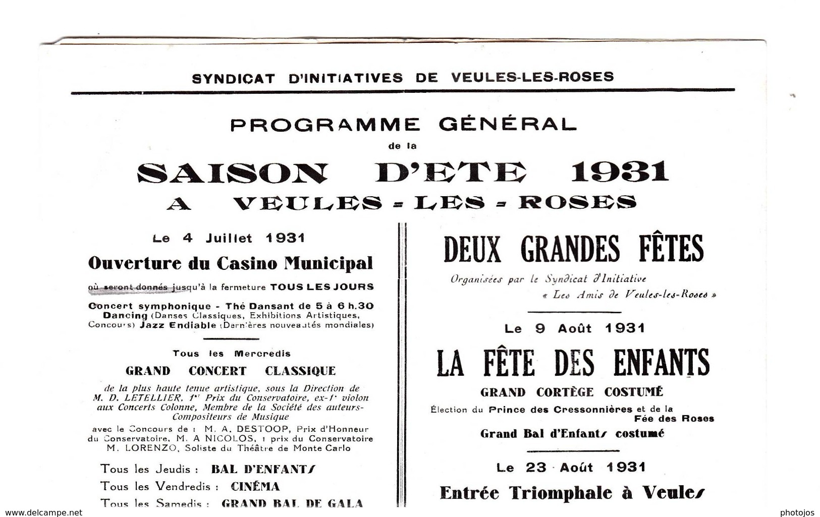 Veules Les Roses  (76 ) Feuillet Programme De L'été 1931 Par Le Syndicat D'Initiatives - Dépliants Touristiques