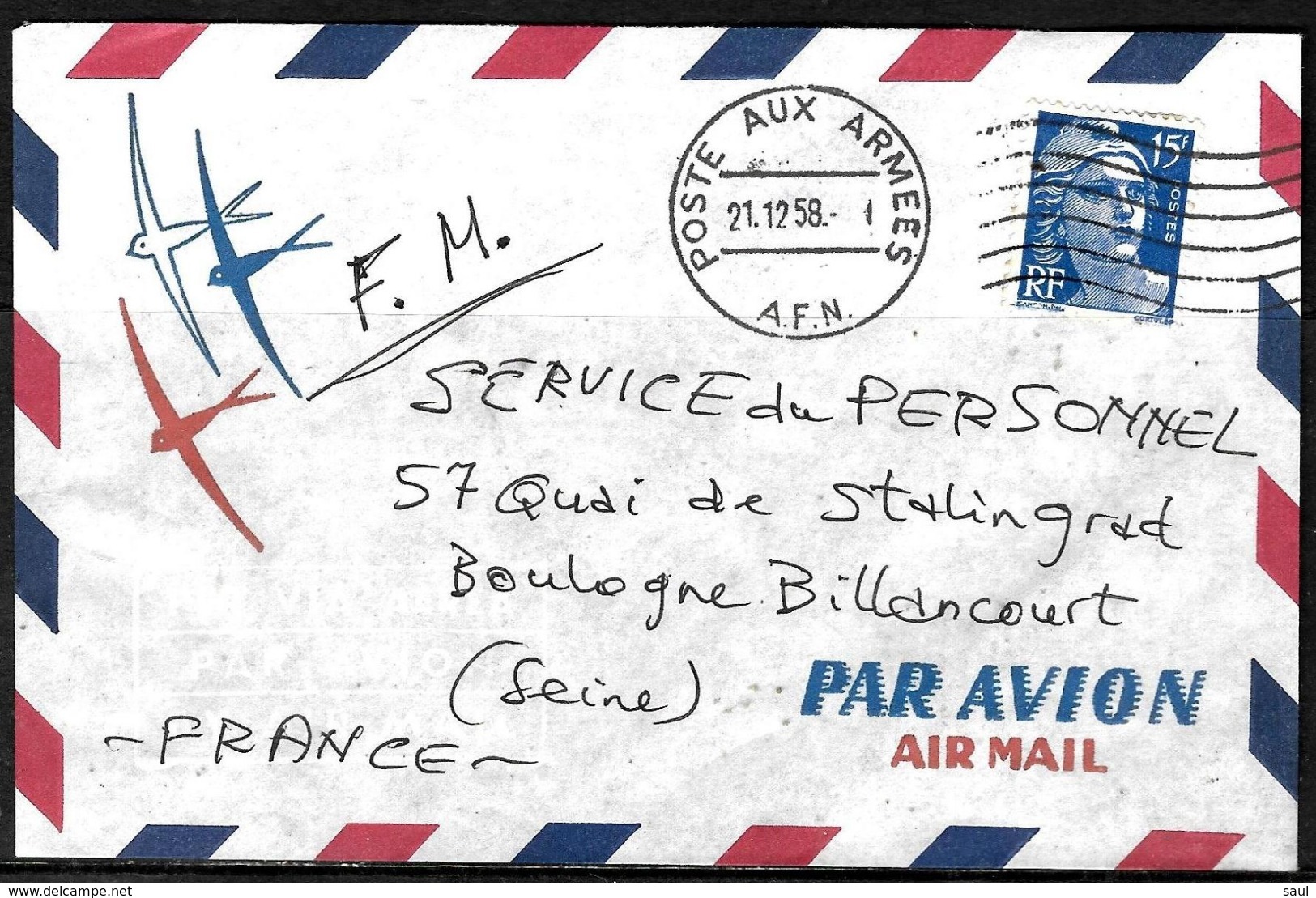 479 - FRANCE - A.F.N. - 1958 - MILITARY COVER - TO CHECK - Unclassified