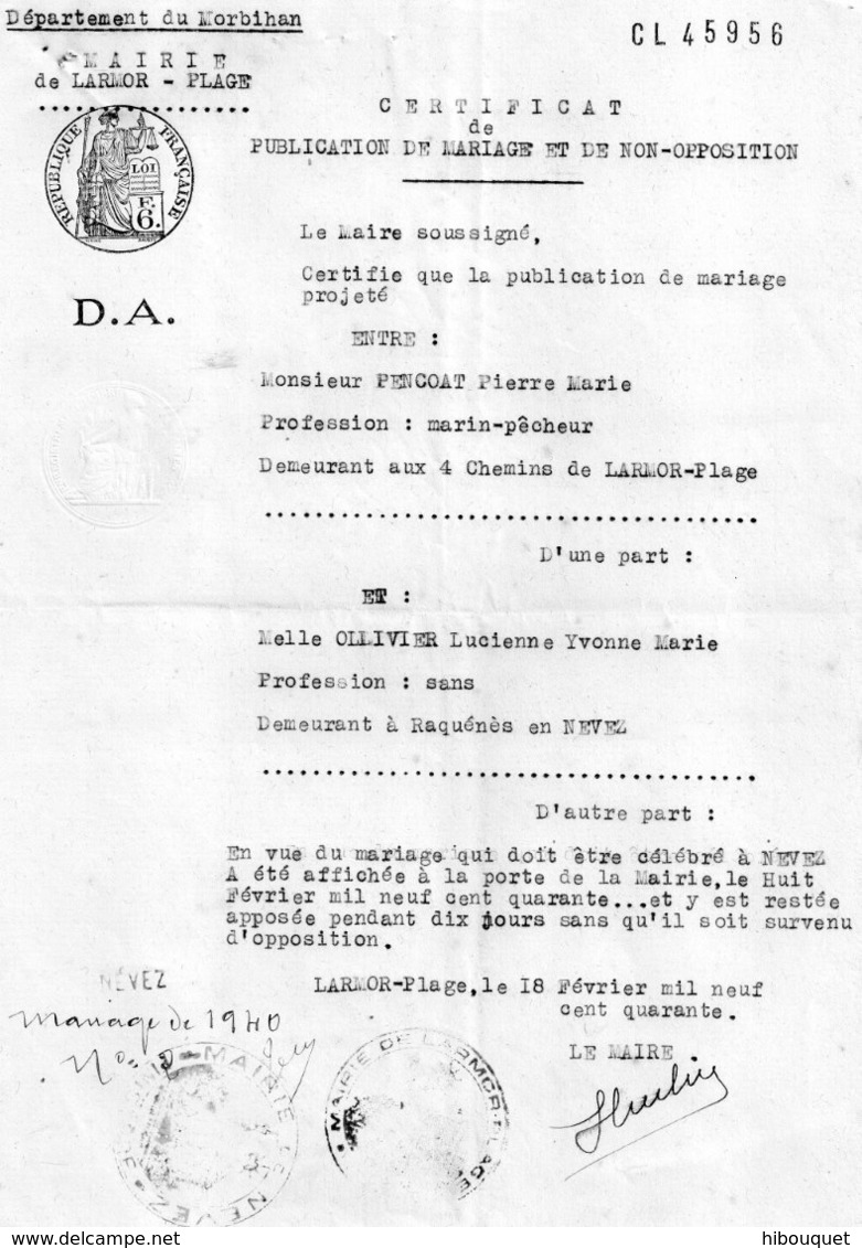 Certificat De Publication De Mariage Et De Non Opposition, Mairie De Larmor-Plage, Tampon F6 Et D.A. - Non Classés