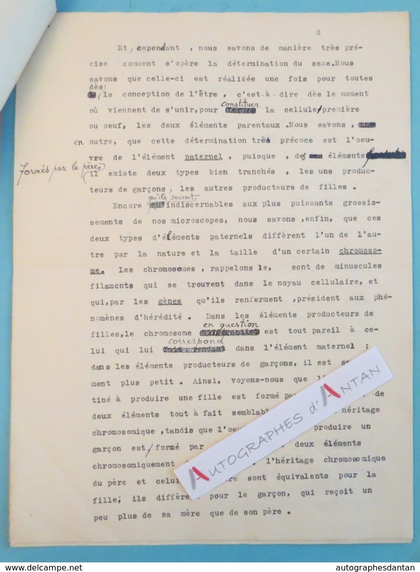 Beau Tapuscrit Jean ROSTAND " Hasard Et Naissance " Choix Du Sexe De L'enfant - Biologiste écrivain - Notes Autographes - Autres & Non Classés