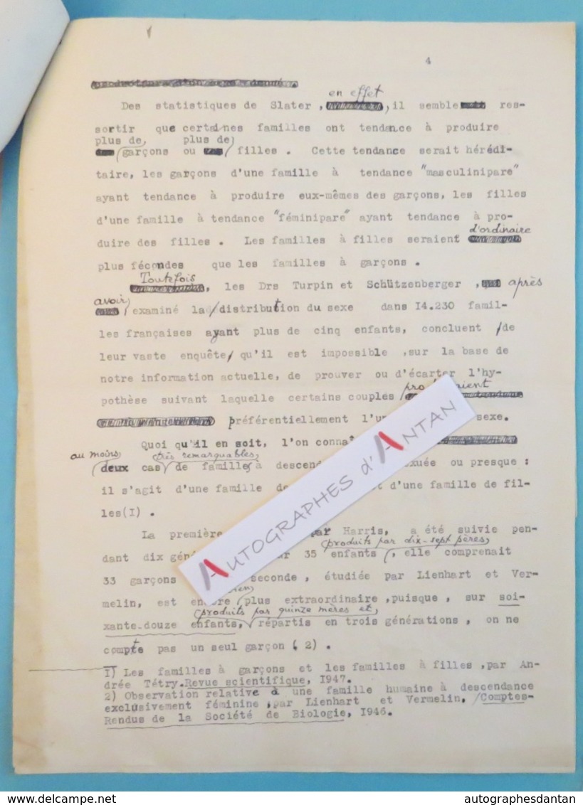 Beau Tapuscrit Jean ROSTAND " Hasard Et Naissance " Choix Du Sexe De L'enfant - Biologiste écrivain - Notes Autographes - Autres & Non Classés