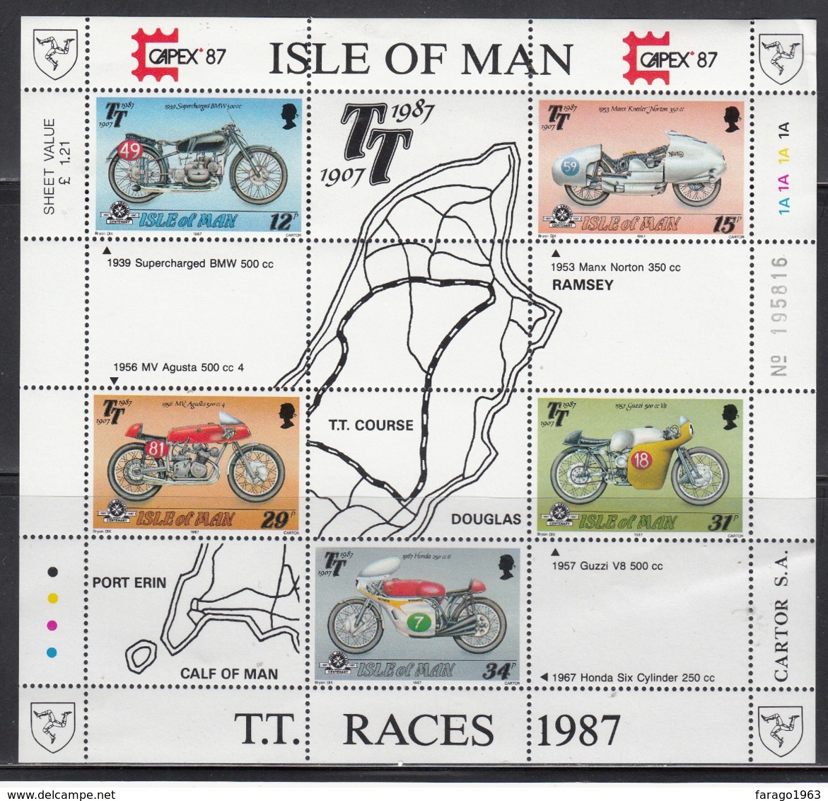 1987 Isle Of Man Motorcycle Racing CAPEX Complete Miniature Sheet Of 5 MNH - Moto