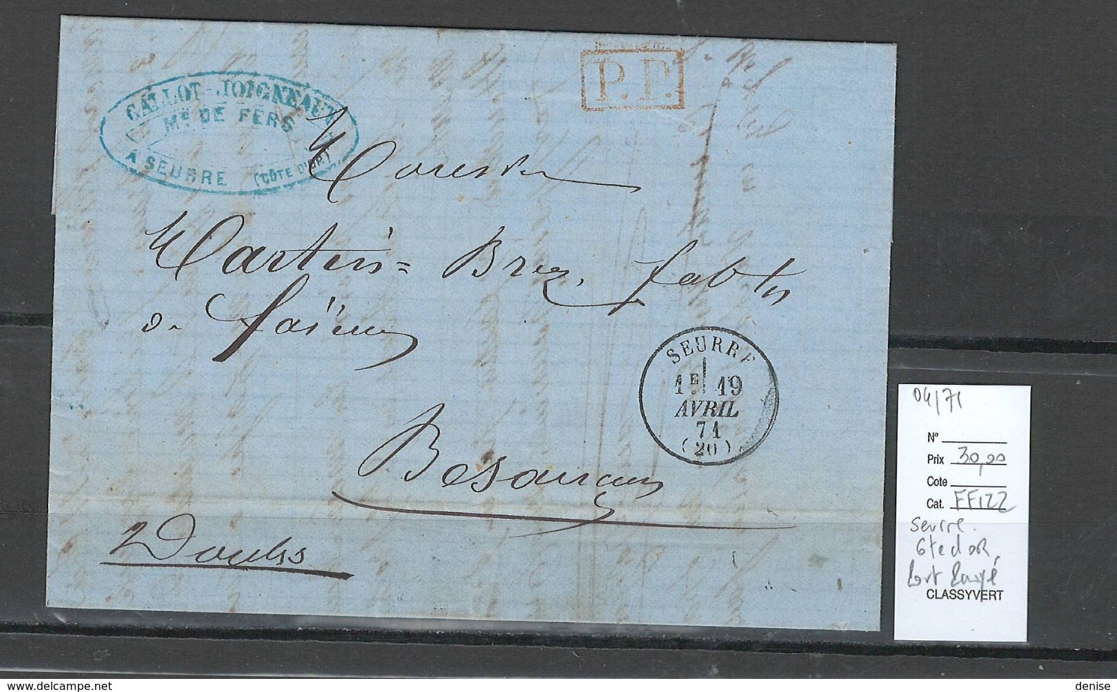 France -Lettre - Seurre - Cote D'Or - 04/71 - Port Payé En Rouge - 1849-1876: Période Classique