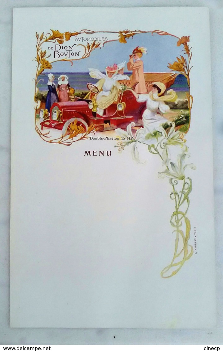 MENU ANCIEN ILLUSTRE Publicité Automobile De Dion Bouton Double Phaëton 15 HP - Femme Art Nouveau Voiture Lys - Menu