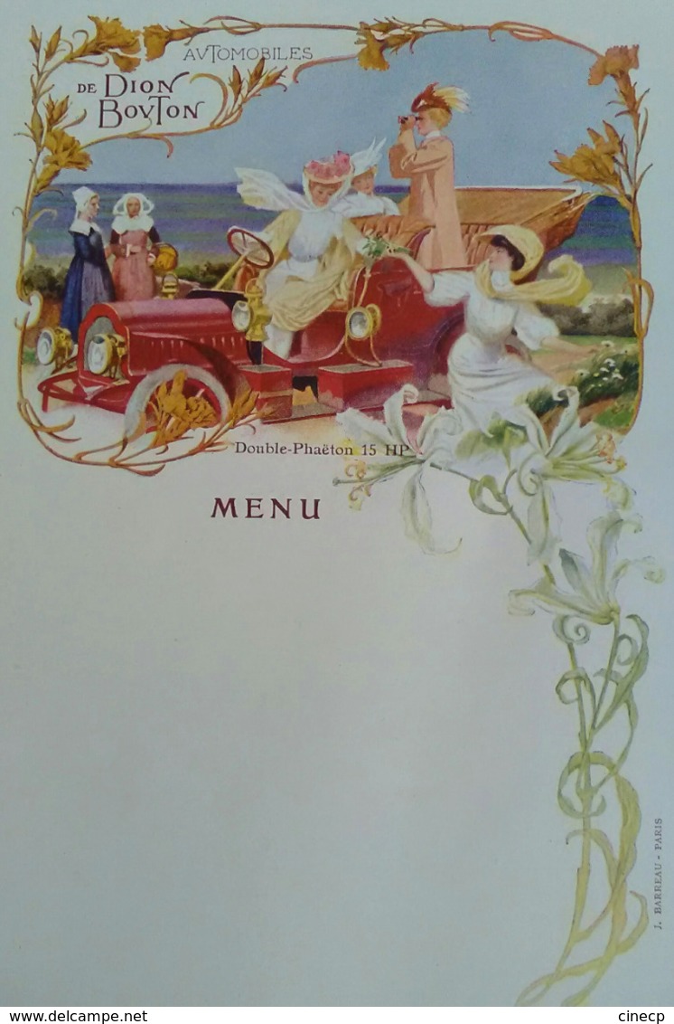 MENU ANCIEN ILLUSTRE Publicité Automobile De Dion Bouton Double Phaëton 15 HP - Femme Art Nouveau Voiture Lys - Menus