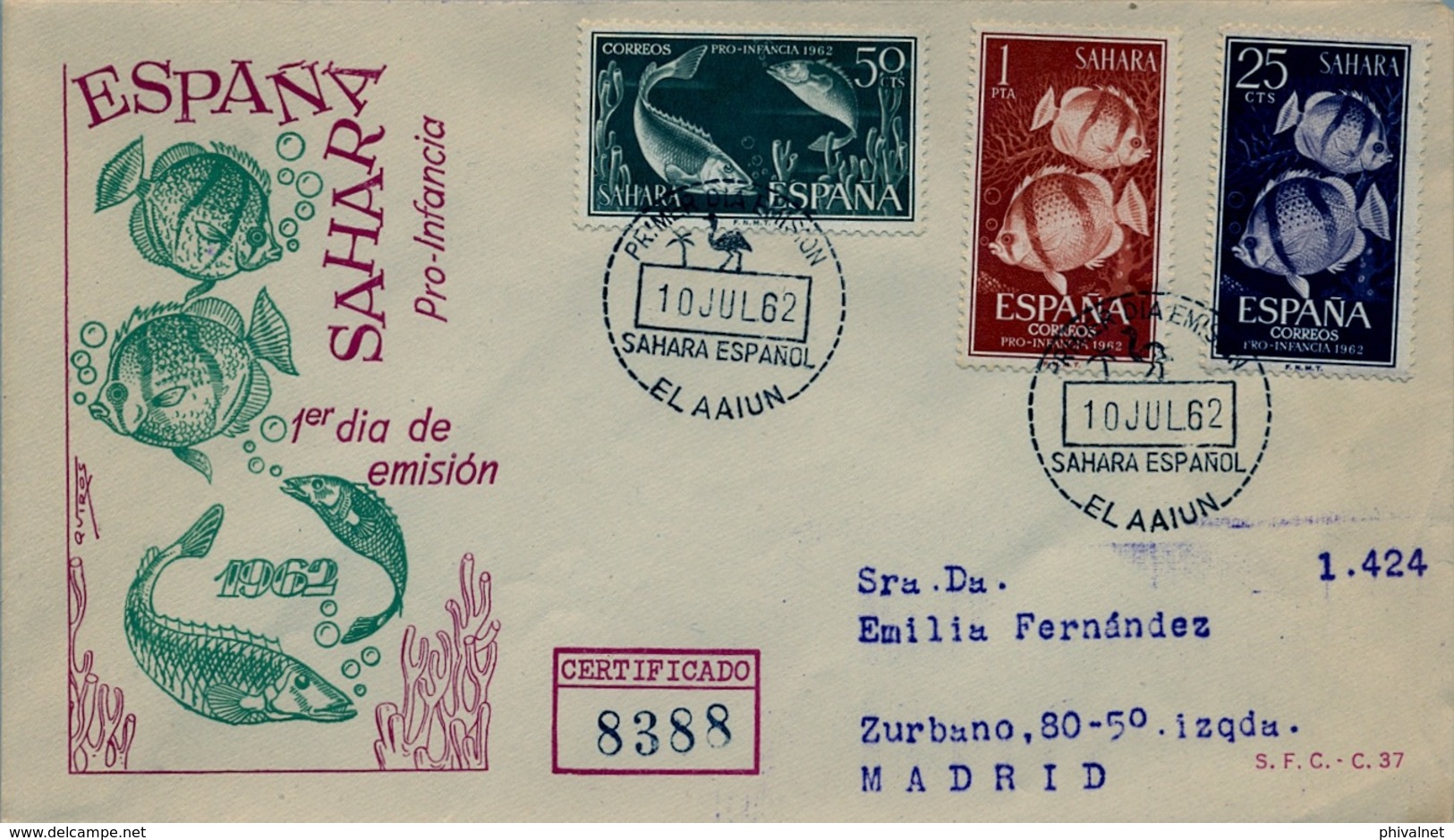 1962 SAHARA ESPAÑOL  , SOBRE DE PRIMER DIA CIRCULADO  , ED. 209 / 211 , PRO INFANCIA , PECES , FISH - Spanische Sahara