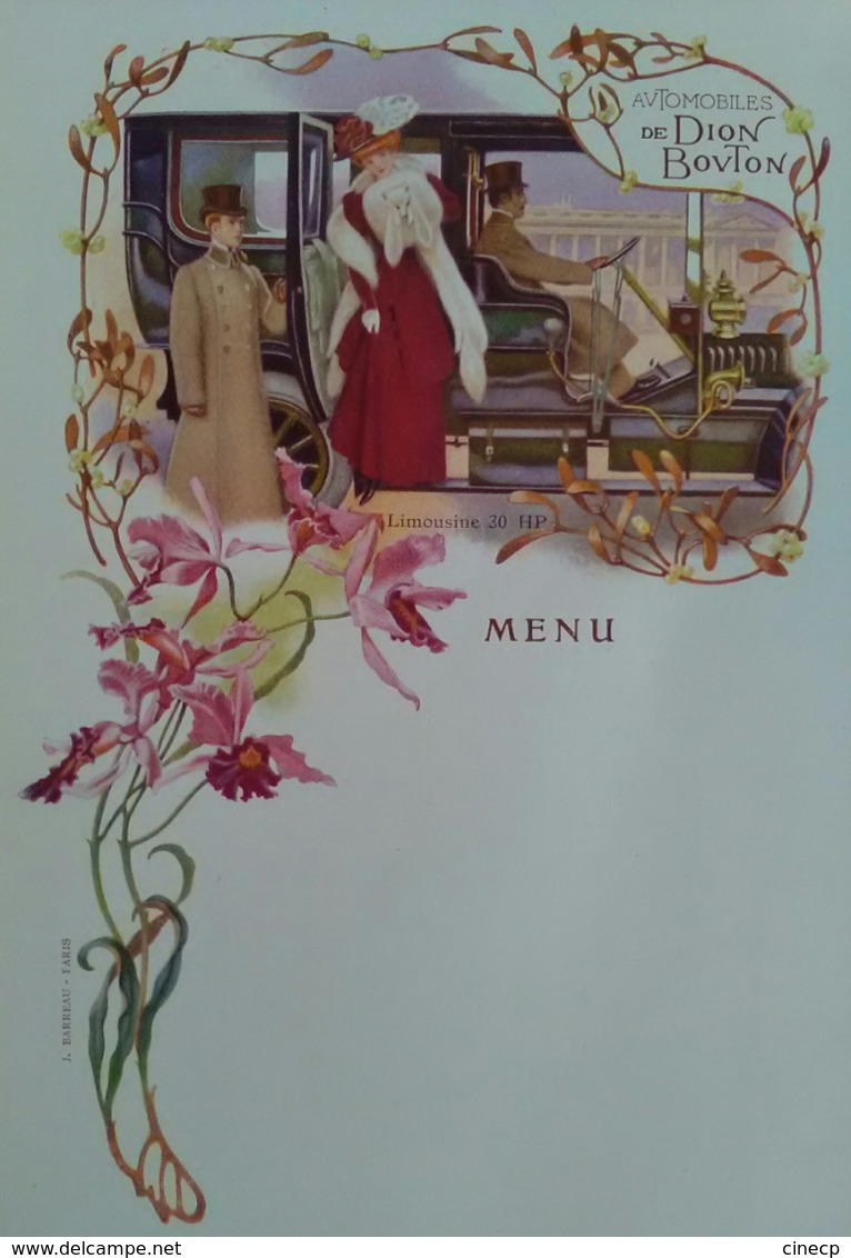 MENU ANCIEN ILLUSTRE Publicité Automobile De Dion Bouton Limousine 30 HP - Femme Art Nouveau Voiture Orchidée - Menu