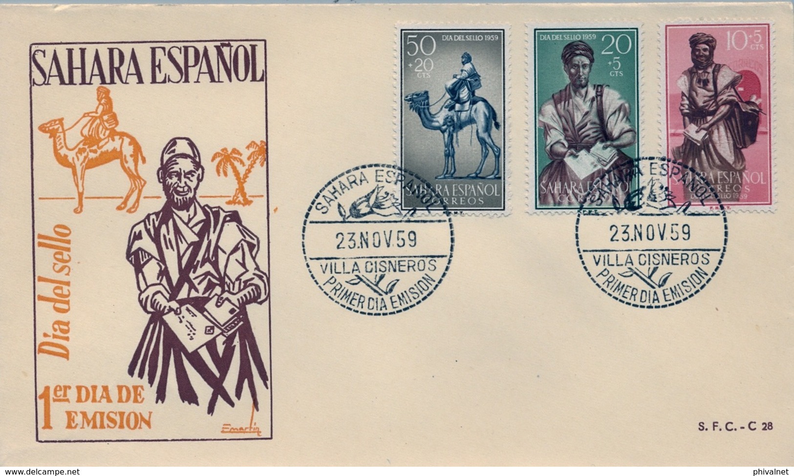1959 SAHARA ESPAÑOL  , SOBRE DE PRIMER DIA  , ED. 169 / 171 , DIA DEL SELLO, CARTEROS , CORREO - Sahara Español