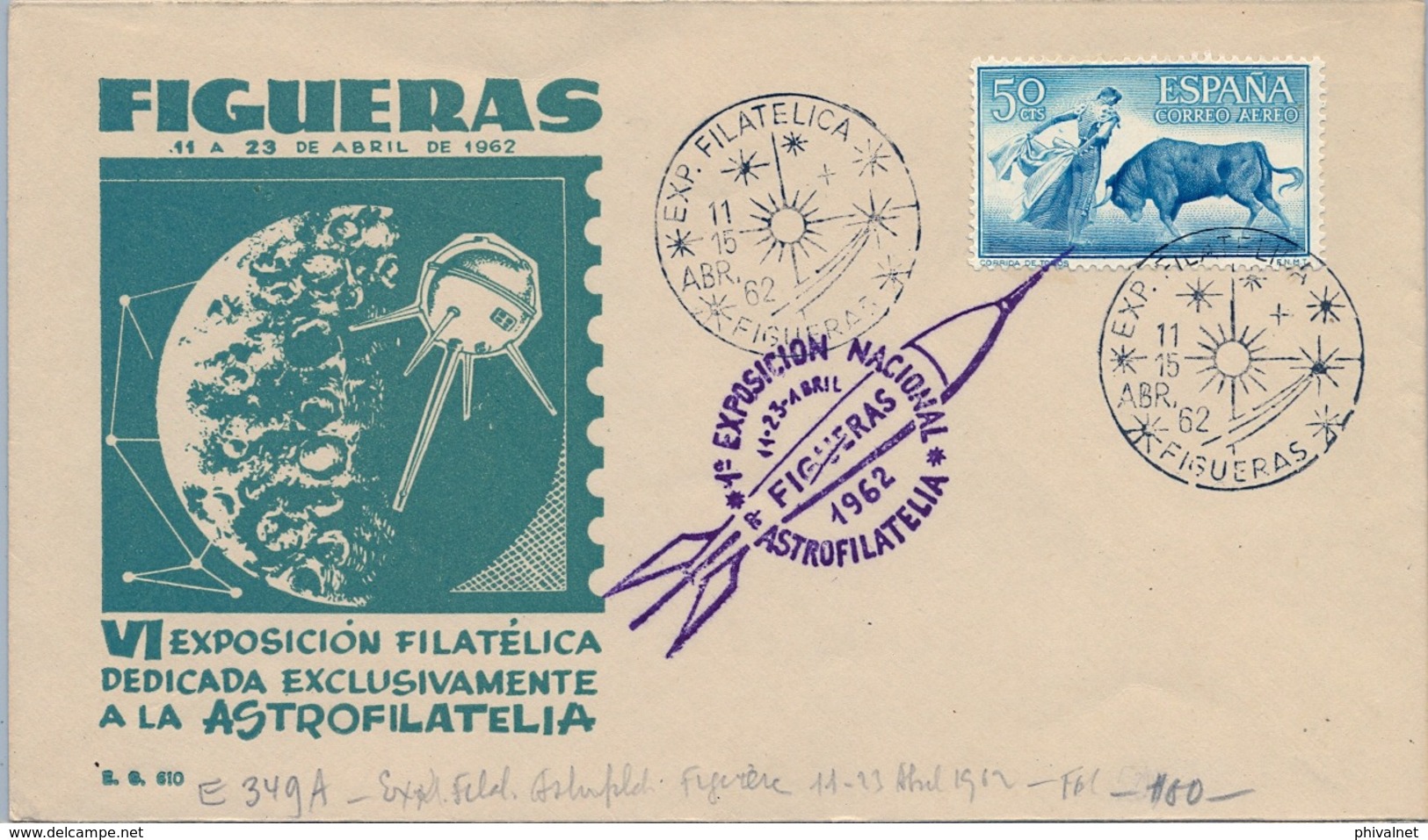 1962 FIGUERAS , VI EXPO ASTROFILATELIA , SOBRE CON MATASELLOS CONMEMORATIVO , ESPACIO , SPACE - Cartas & Documentos