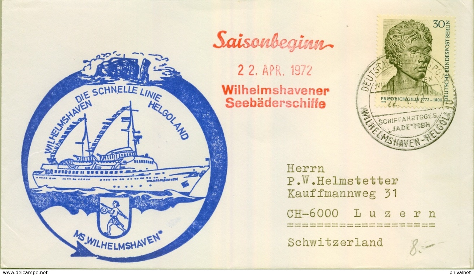 ALEMANIA , CORREO MARÍTIMO , SEA MAIL , SCHIFF POST , 1972 , WILHELMSHAVEN - HELGOLAND , SAISONBEGINN - Barcos