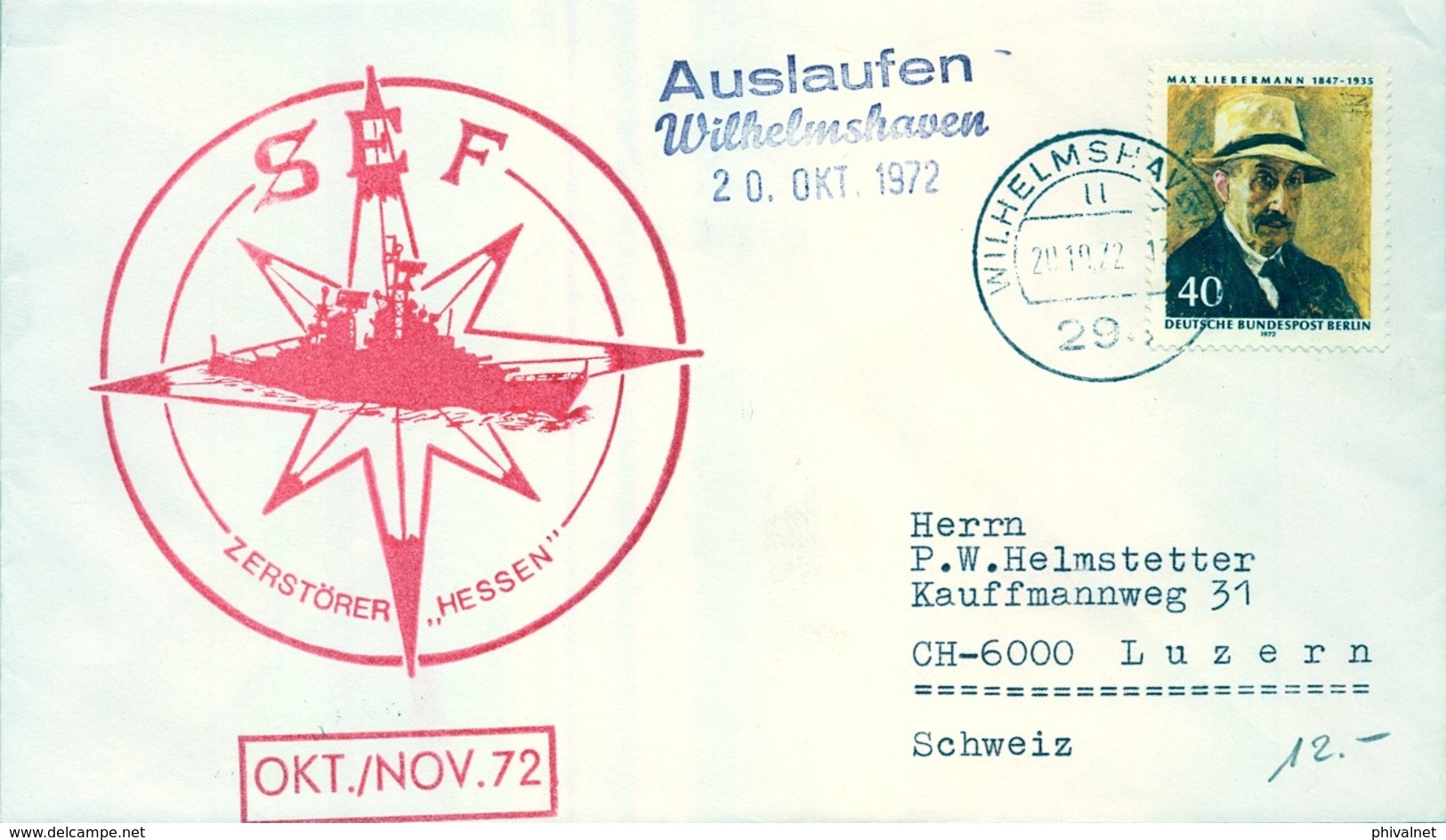 1972 , ALEMANIA , CORREO MARÍTIMO , SEA MAIL , SCHIFF POST , 1972 , WILHELMSHAVEN , ZERSTÖRER " HESSEN " - Barcos