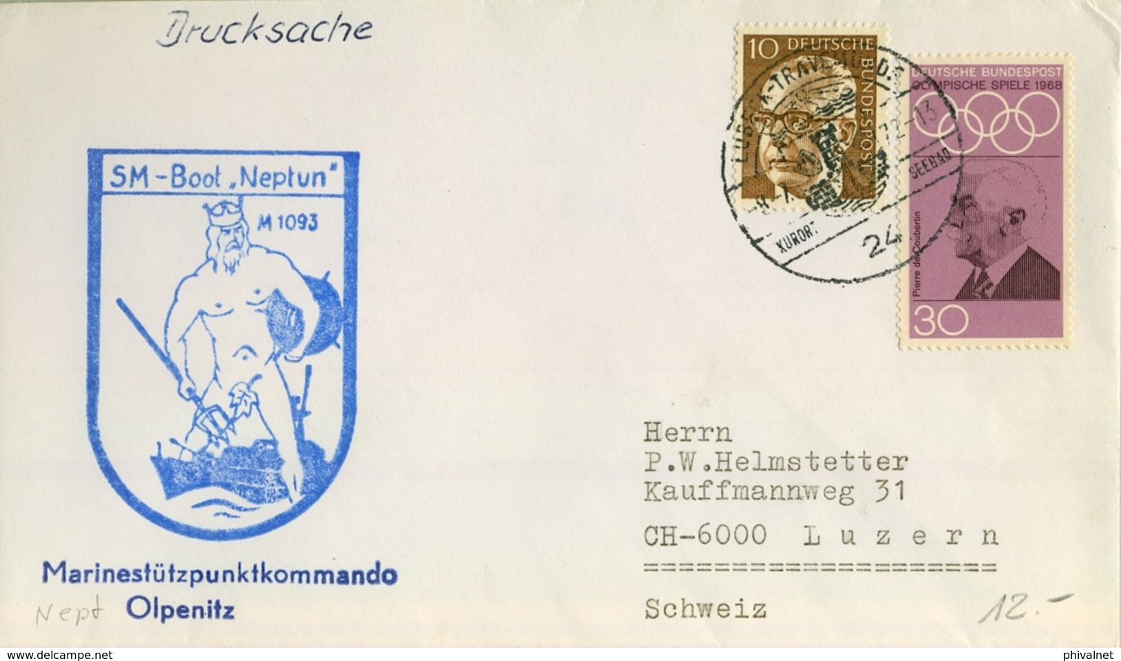 1972 , ALEMANIA , CORREO MARÍTIMO , SEA MAIL , SCHIFF POST , 1972 , SM - BOOT " NEPTUN " , OLPENITZ - Barcos