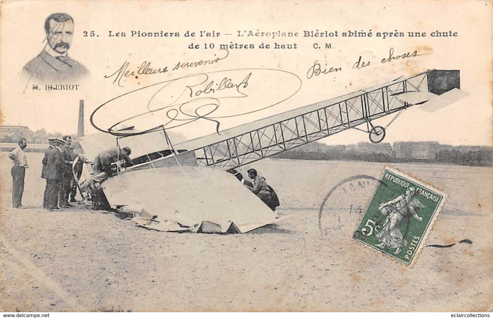 Thème : Aviation . Louis Blériot. L'Aéroplane Abîme Après Une Chute De 10 Mètres  (Voir Scan) - Aviadores