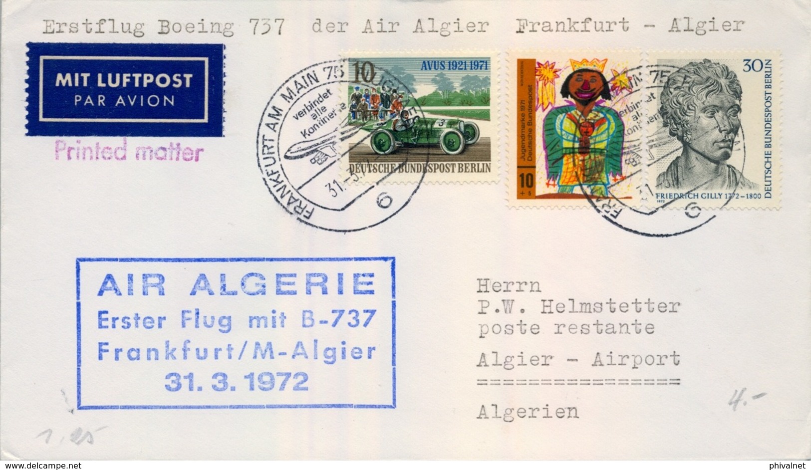 ALEMANIA 1972 , PRIMER VUELO , AIR ALGERIE , FRANKFURT - ALGIER , AVIONES ,AVIACIÓN - Aviones