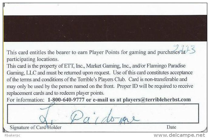 Terrible's Casino Las Vegas, NV - 1st Issue Slot Card - Text Under Signature Box (BLANK) - Casinokarten