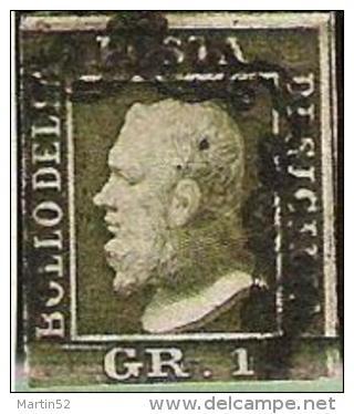 Regno Di Due Sicilia 1859: Fernando II GR 1 Oliva-verde Michel-No. 2c Con Obliterazione Ideale (catalogo 200.00 Euro ) - Sicilia