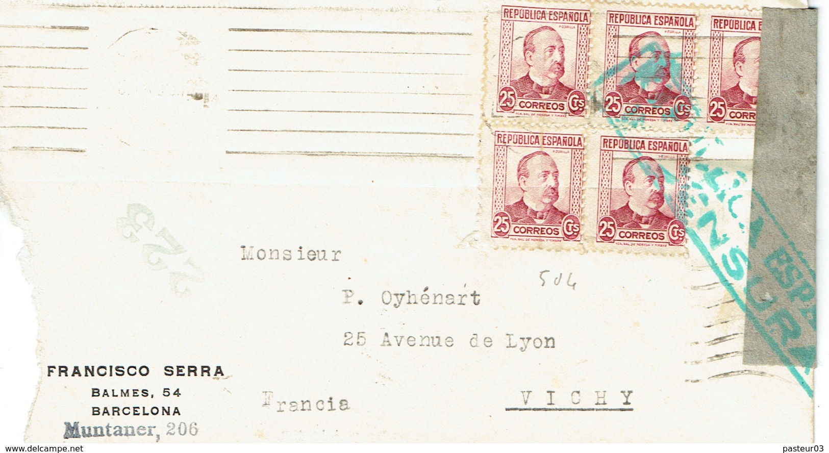 Espagne Lettre Avec N° 504 X 5 Et Marque De Censure 1938 - Briefe U. Dokumente