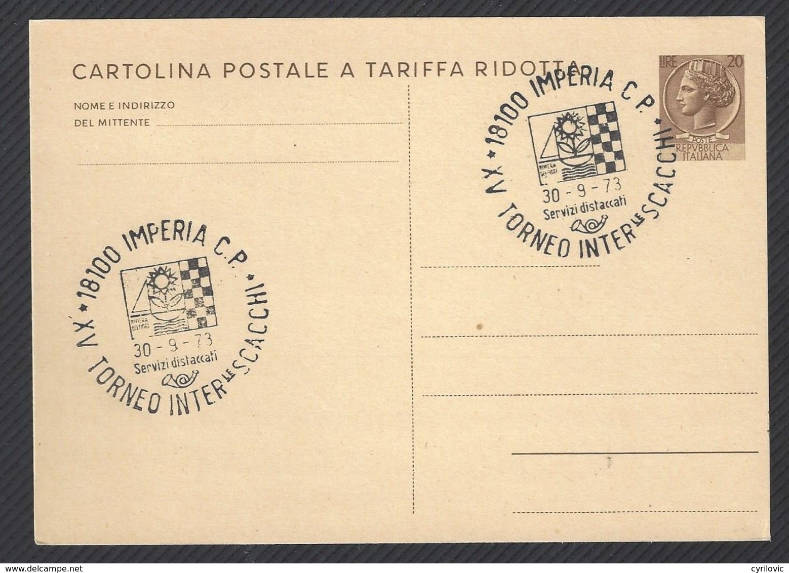 Chess, Italy Imperia, 30.09.1973, Cancel On Card, International Tournament - Schach