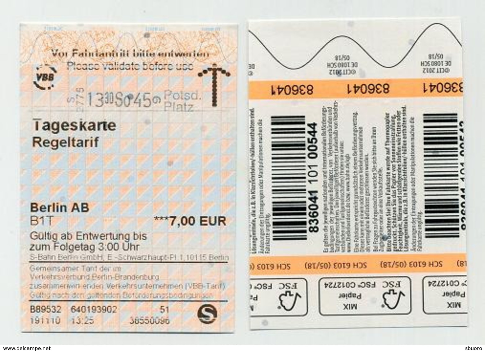Transport Ticket. Tageskarte Regeltarif Berlin Zones A Et B 2019 Allemagne Germany Deutschland Tyskland - Europa