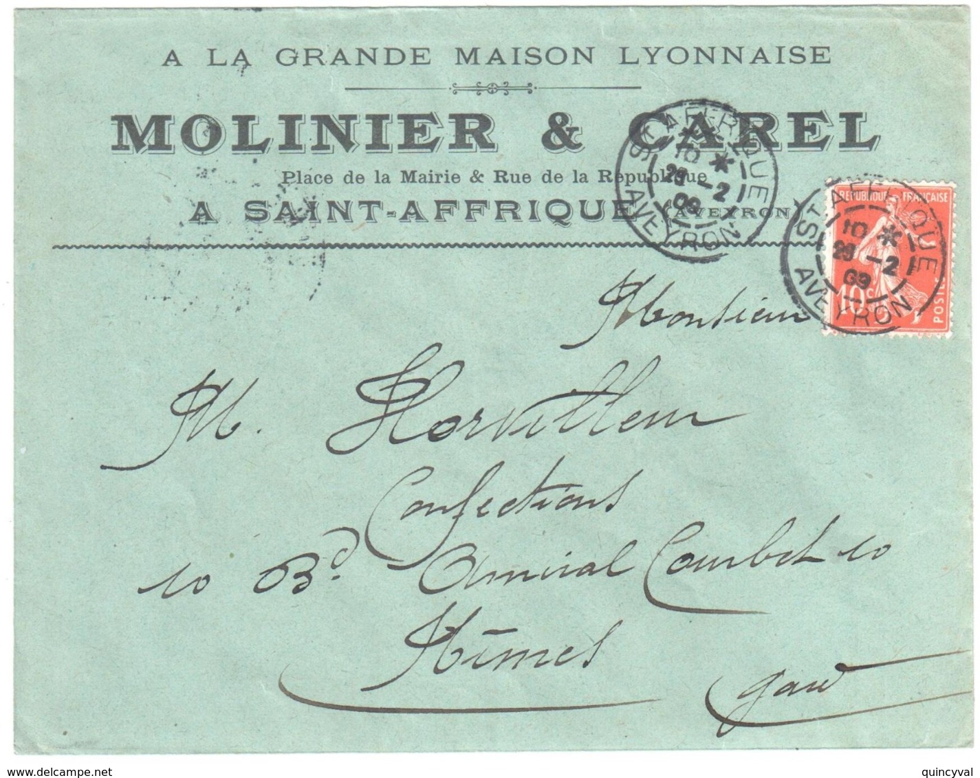 Saint AFFRIQUE Aveyron Lettre Entête MOLINIER CAREL 10 C Semeuse Yv 138 Ob 1908 Type 84 - Storia Postale