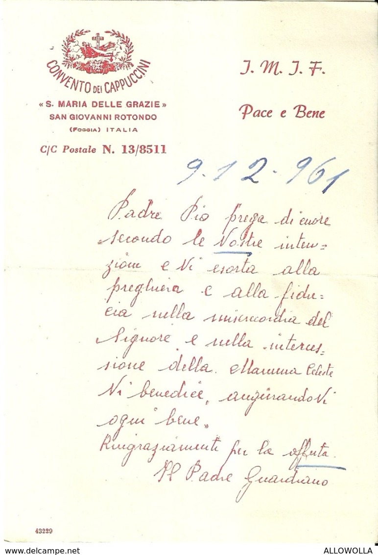 5980 "CONVENTO DEI CAPUCCINI S. MARIA DELLE GRAZIE-S.GIOVANNI ROTONDO-ESORTAZIONE ALLE PREGHIERE E OFFERTE-9/12/961" - Religione & Esoterismo