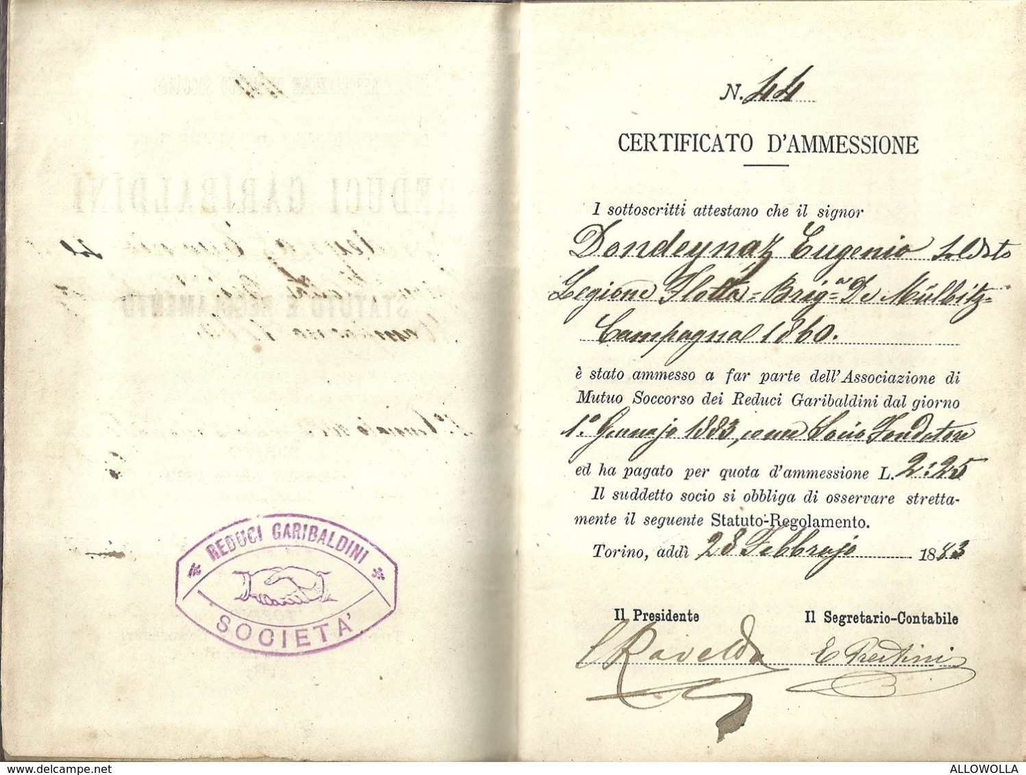 5981 "ASSOCIAZIONE DI MUTUO SOCCORSO DEI REDUCI GARIBALDINI-STATUTO E REGOLAMENTO-TORINO GENNAIO ANNO 1883"48 PAGINE - Historische Dokumente