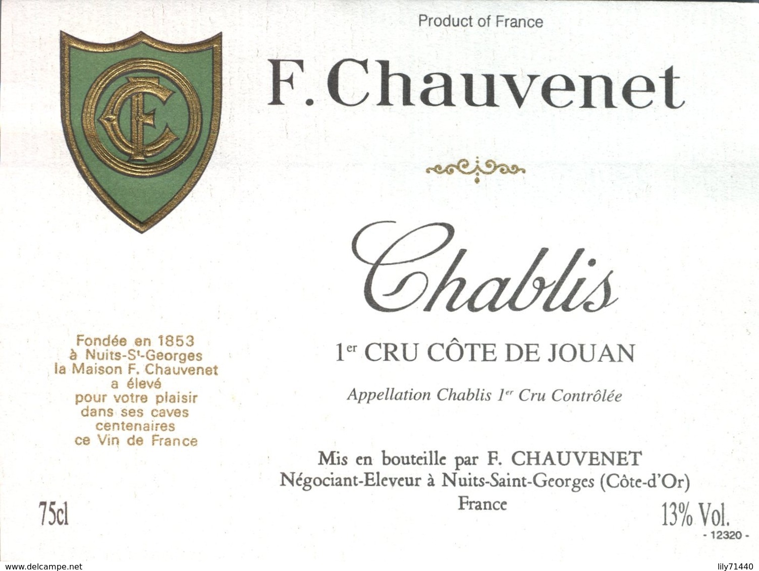 Etiquette De Grand Vin De Bourgogne Chablis 1er Cru Chauvenet à Nuits St Georges French Wine Label - Bourgogne