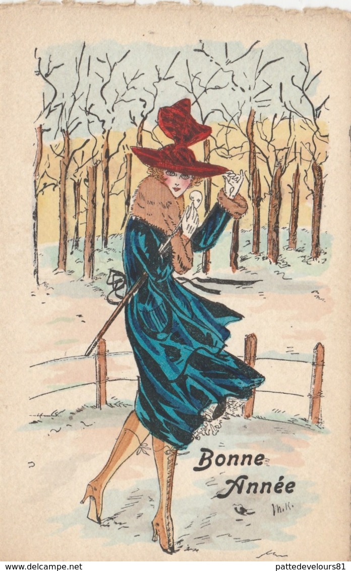 CPA Aquarellée Femme Lady Girl Donna Fräu Bonne Année Mode Chapeau Hat  Illustrateur (2 Scans) - Autres & Non Classés