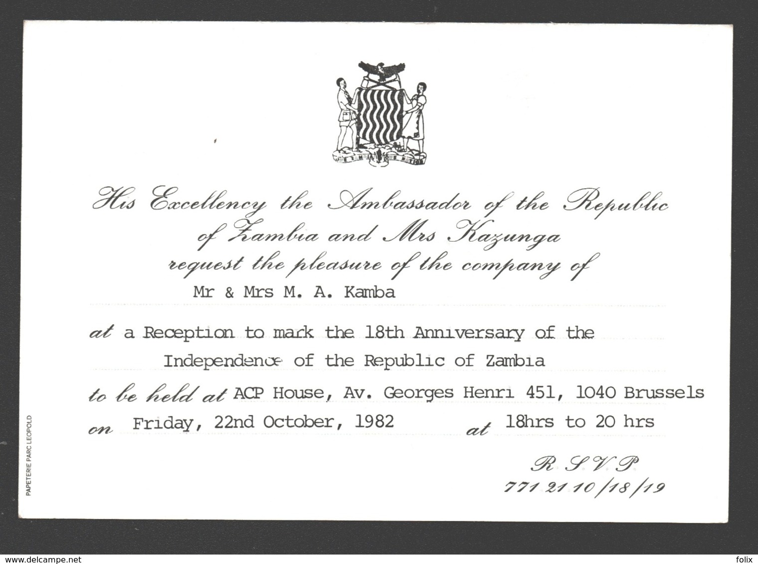 Zambia - 18th Anniversary Of The Independence - Ambassador Invitation Brussels / Bruxelles - Zambie