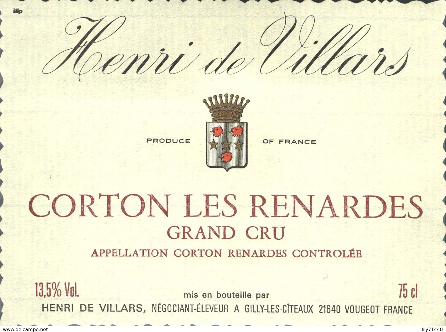 Etiquette De Grand Vin De Bourgogne Corton Les Renardes Grand Cru Henri De Villars Gilly Les Cîteaux French Wine Label - Bourgogne