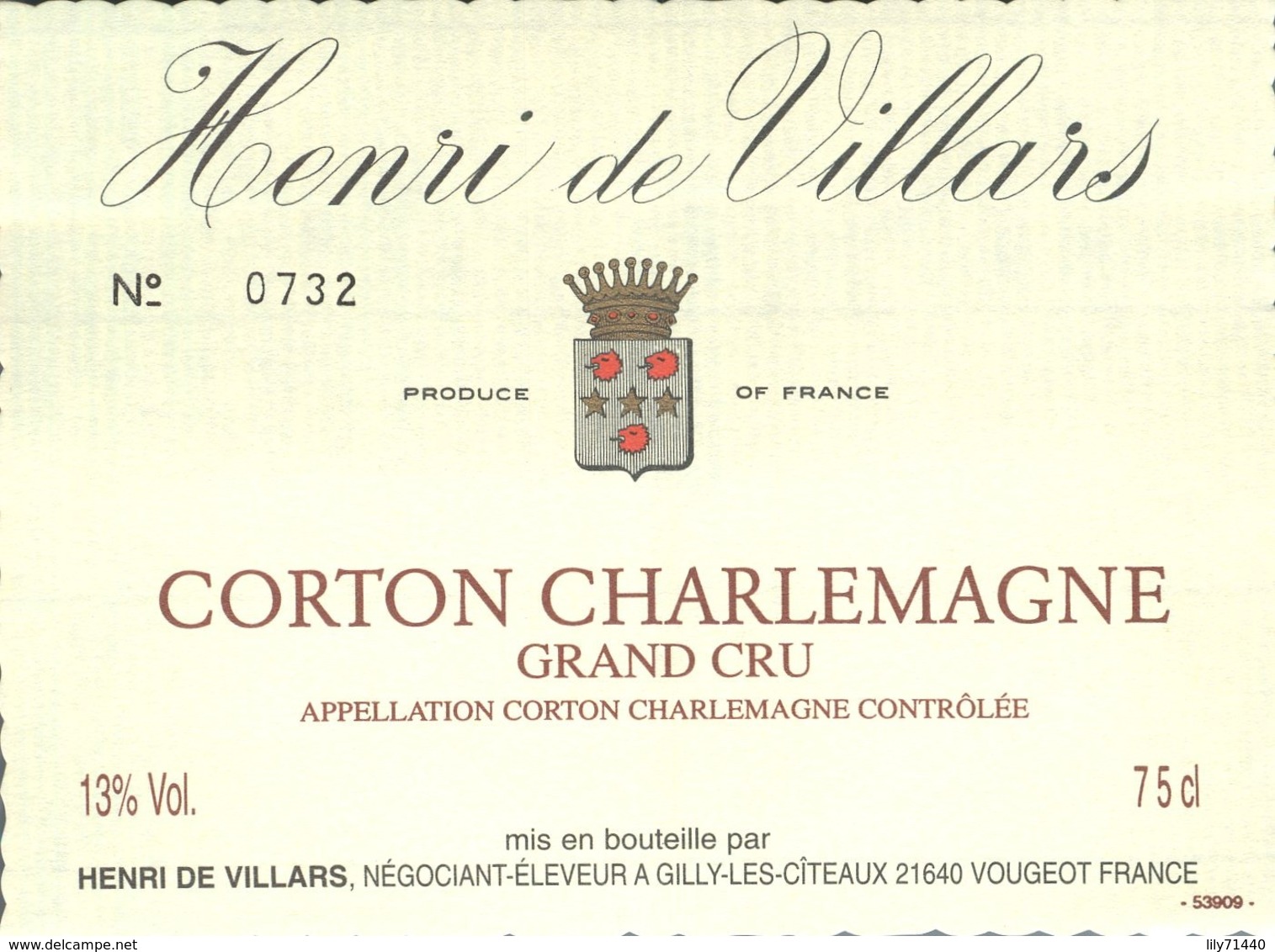 Etiquette De Grand Vin De Bourgogne Corton Charlemagne Grand Cru Henri De Villars Gilly Les Cîteaux French Wine Label - Bourgogne