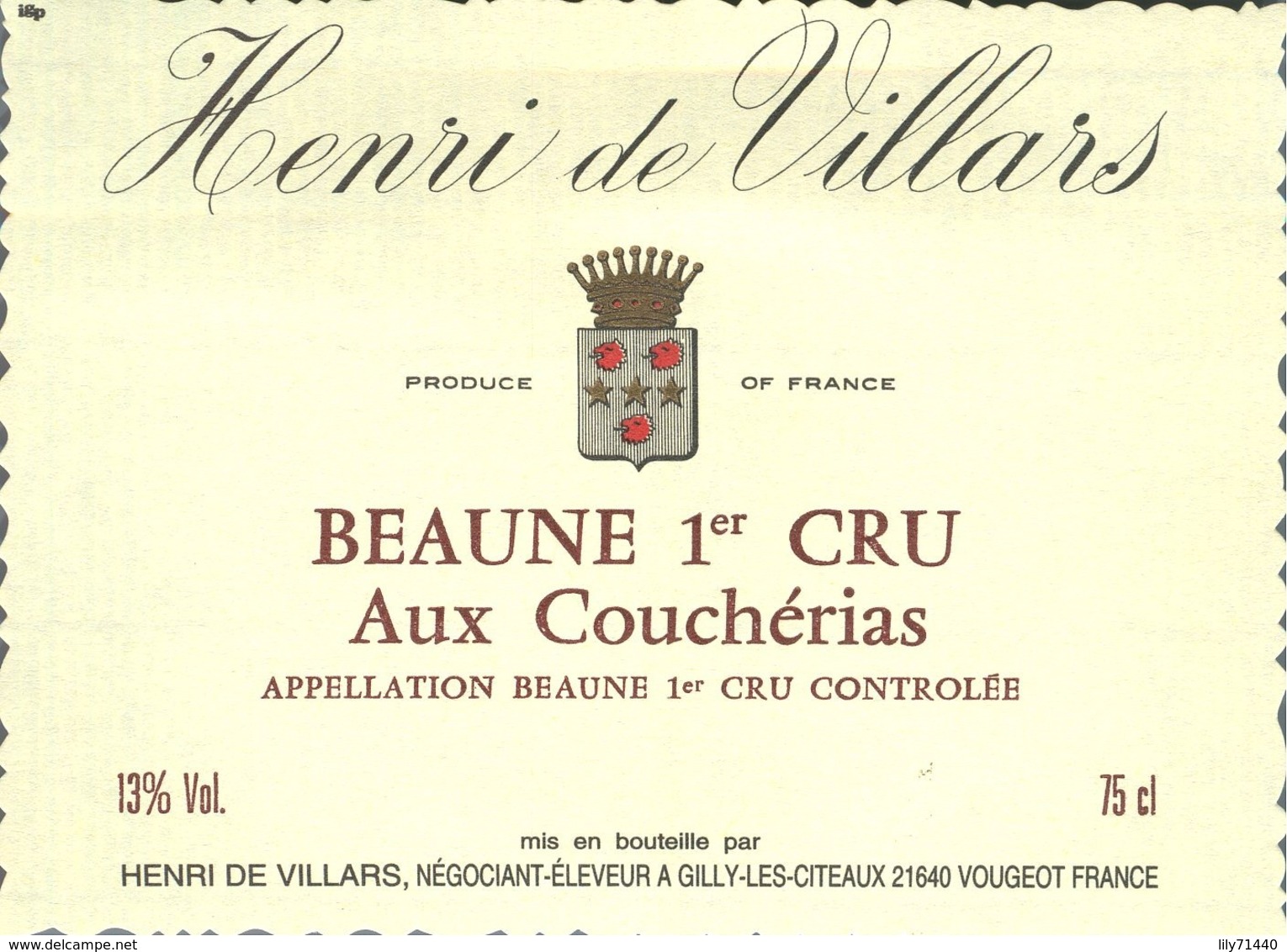 Etiquette De Grand Vin De Bourgogne Beaune 1er Cru Henri De Villars Gilly Les Cîteaux French Wine Label - Bourgogne