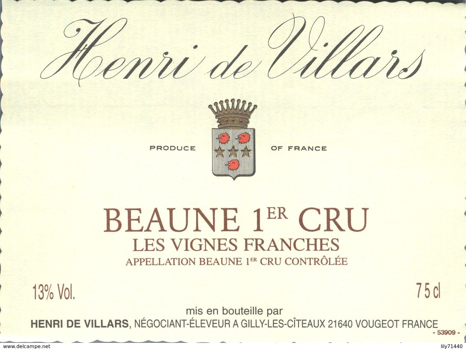 Etiquette De Grand Vin De Bourgogne Beaune 1er Cru Henri De Villars Gilly Les Cîteaux French Wine Label - Bourgogne