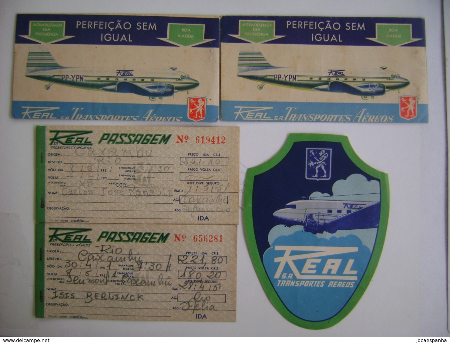 BRAZIL - A LUGGAGE LABEL AND 2 PASSAGES FROM THE REAL AIR TRANSPORT COMPANY IN 1951 IN THE STATE - World
