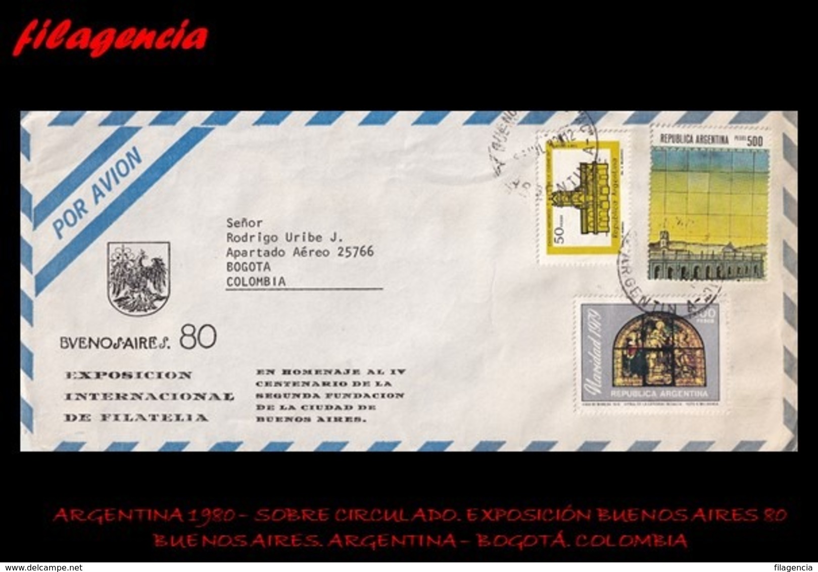 AMERICA. ARGENTINA. ENTEROS POSTALES. SOBRE CIRCULADO 1980. BUENOS AIRES. ARGENTINA-BOGOTÁ. COLOMBIA. ARQUITECTURA - Cartas & Documentos