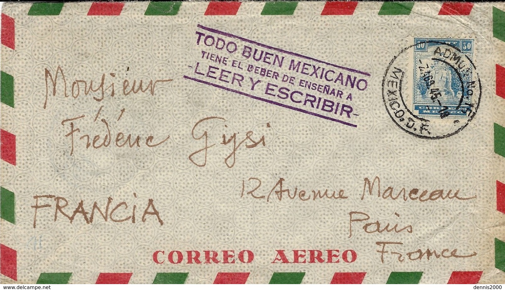 1945- Cover From Mexico With " TODO BUEN MEXICANO / Tiene El Deter De Ensenar A / Leer Y Escribir - México