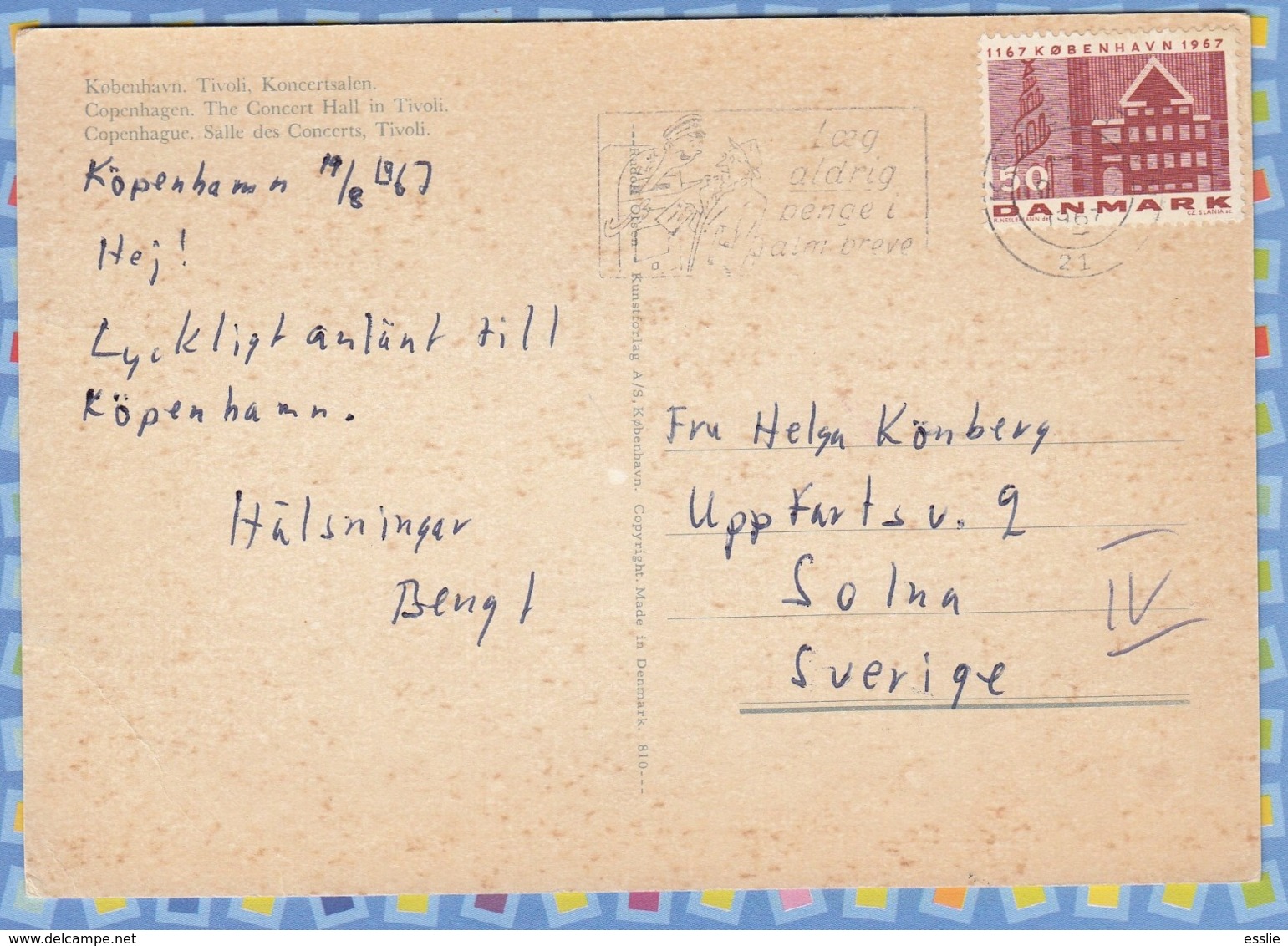 Denmark To Sweden - 1967 - 'Loeg Aldrig Penge I Alm Breve' Copenhagen Concert Hall Old Town Hall. - Storia Postale