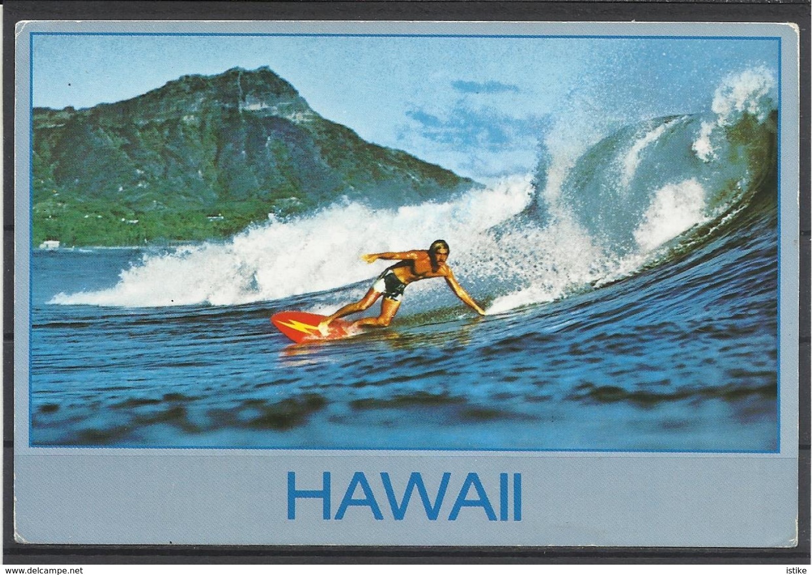 United States, HI,Diamond Head And Surfer At Waikiki Beach, 1985. - Oahu