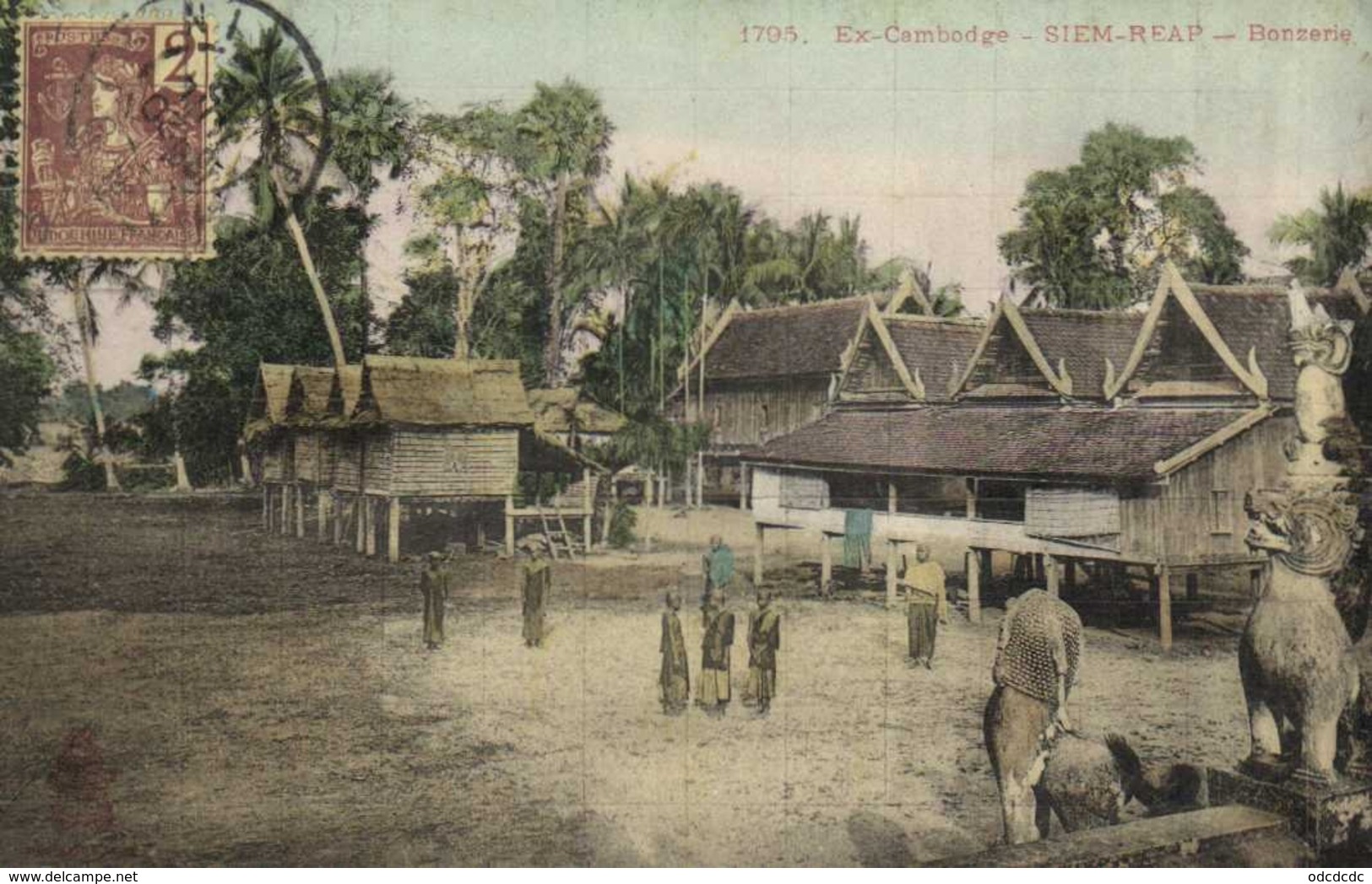 Ex Cambodge SIEM REAP Bonzerie Colorisée + Beau Timbre 2 Indochine Francaise RV - Cambodia