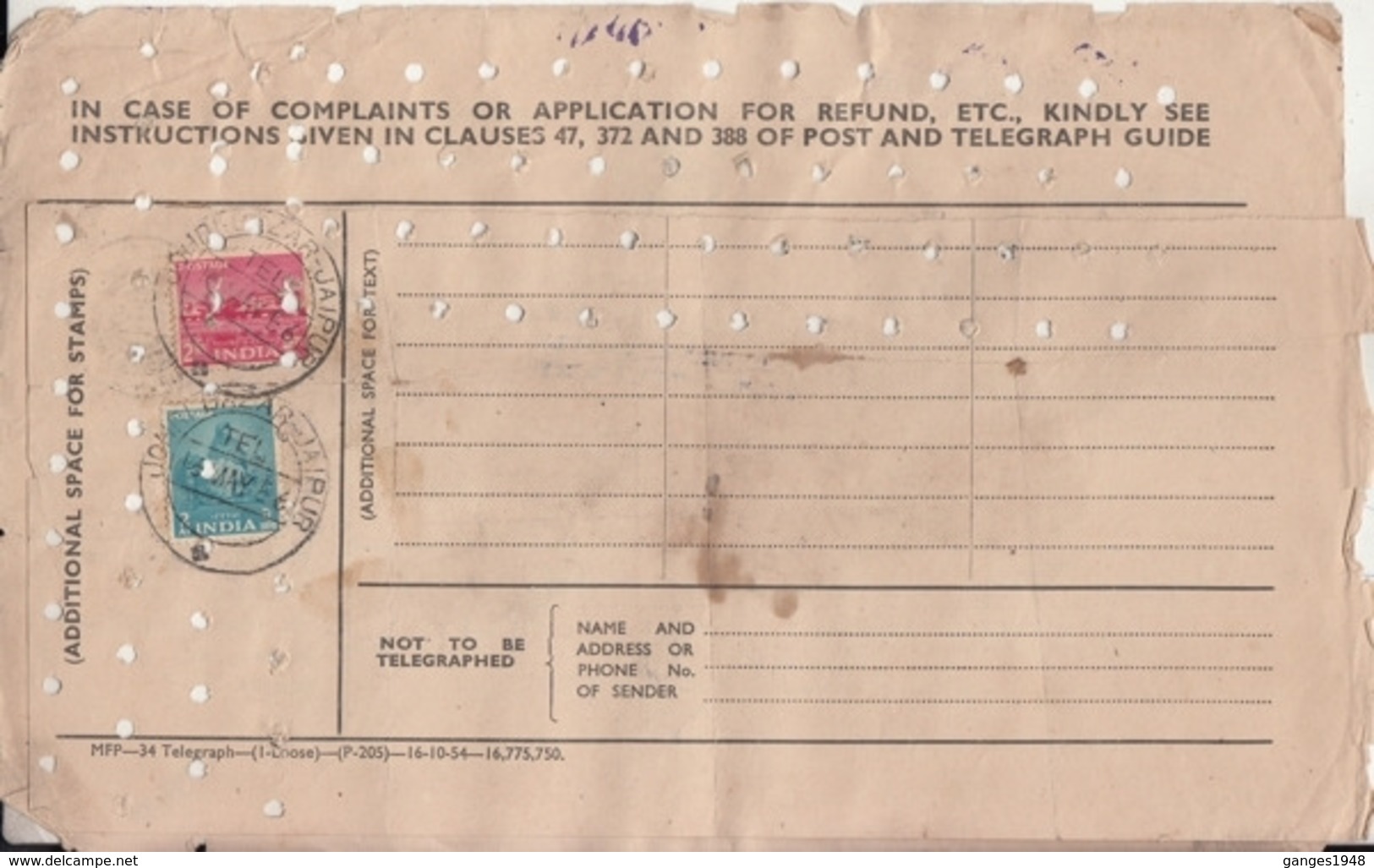 India  1956  Telegramme  Jaipur To Bombay   #  24078 D Inde  Indien - Covers & Documents