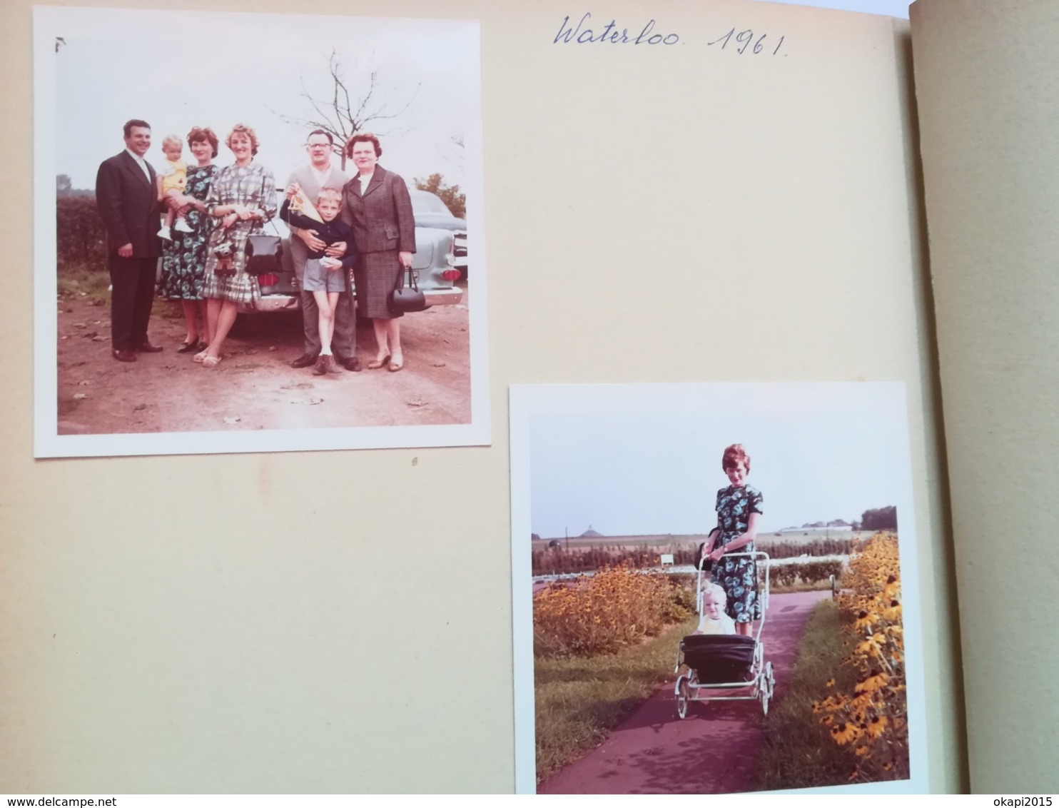 VOITURETTE LE BIVOUAC  VISITE WATERLOO EN 1961 BRABANT WALLON BELGIQUE  9 PHOTOS DONT 3  COULEURS CARRÉS + CARTE POSTALE