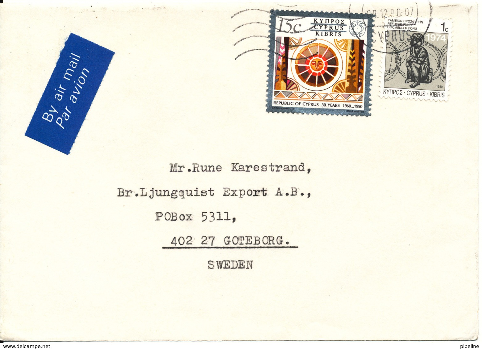 Cyprus Cover Sent To Sweden 8-12-1990 - Briefe U. Dokumente