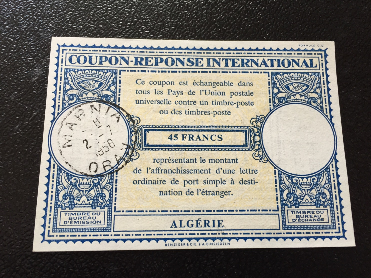 ALGERIEN INTERNATIONALER ANTWORTSCHEIN MARNIA ORAN 1958  45 FRANCS - Algerien (1962-...)