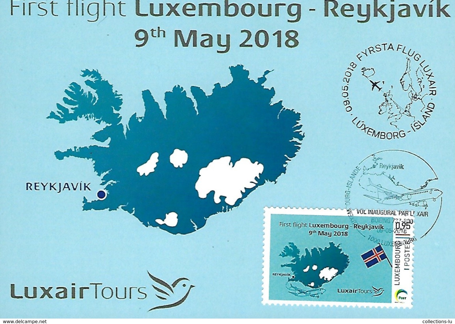 9.5.2018  -  First Flight LUXEMBOURG - REYKJAVIK  9th MAY 2018  -  LUXAIR-TOURS - Cartes Maximum